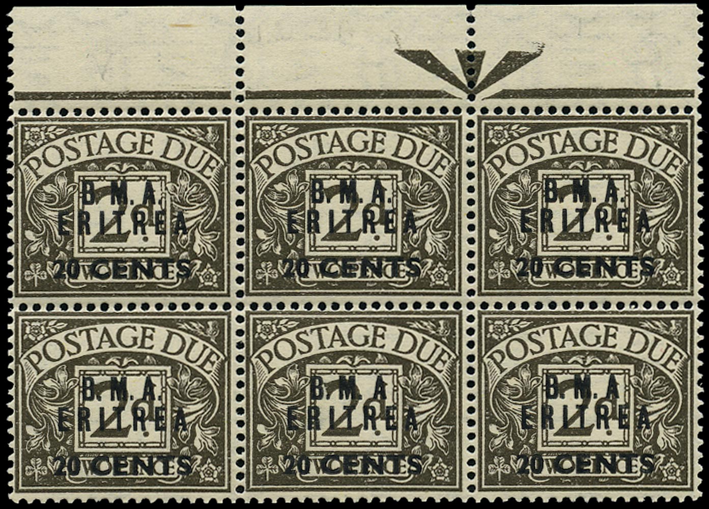B.O.I.C. ERITREA 1948  SGED3/a/b Postage Due 20c on 2d agate variety No Stop after 'A' (x2) and 'B'