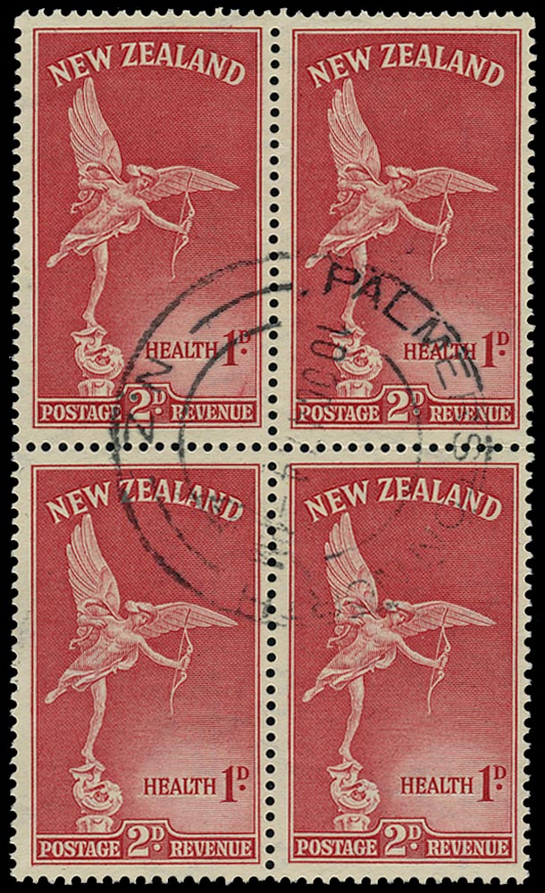 NEW ZEALAND 1947  SG691w Used Health 2d+1d carmine 'Eros' variety watermark sideways inverted