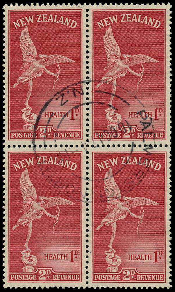 NEW ZEALAND 1947  SG691w Used Health 2d+1d carmine 'Eros' variety watermark sideways inverted