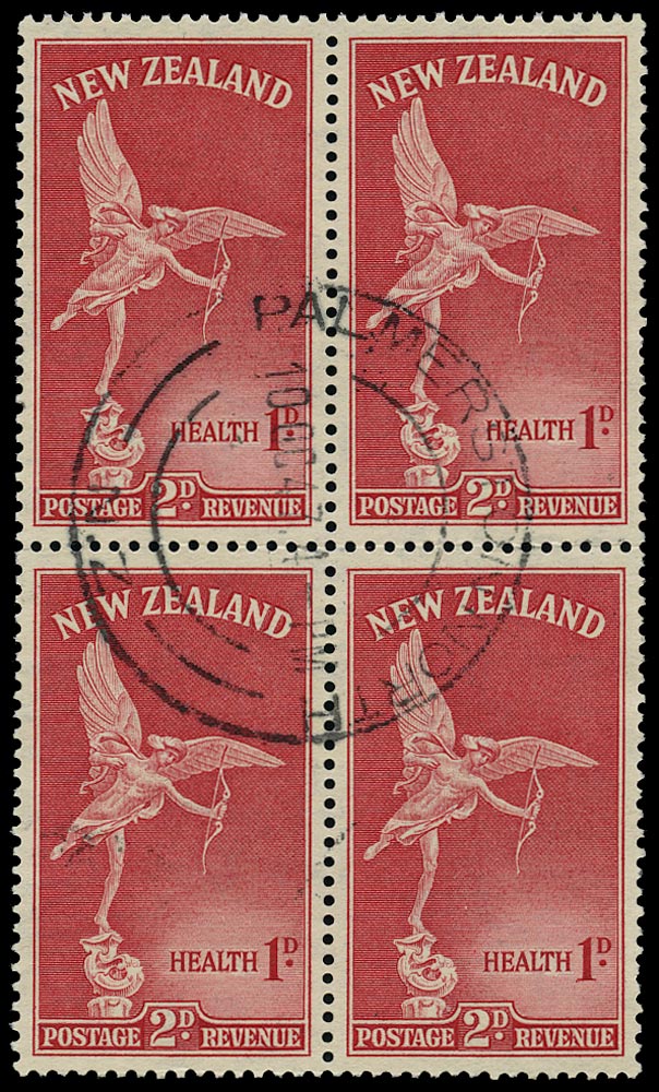 NEW ZEALAND 1947  SG691w Used Health 2d+1d carmine 'Eros' variety watermark sideways inverted