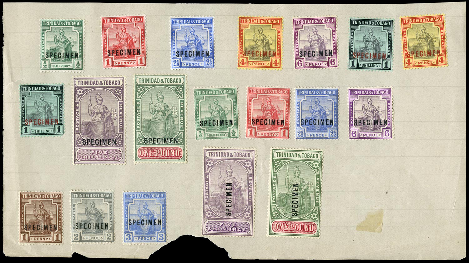 TRINIDAD & TOBAGO 1913  SG149s/56s, 206s/15s Specimen KGV watermark MCA set to £1 and Script watermark set of 9