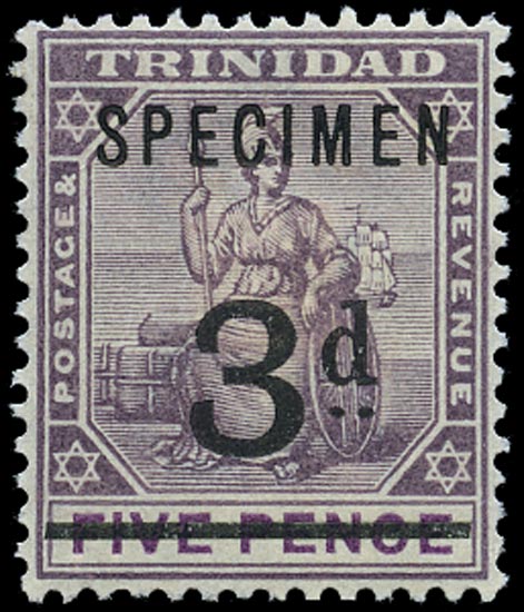 TRINIDAD 1899  SG126s Specimen unissued 3d on 5d dull purple and mauve