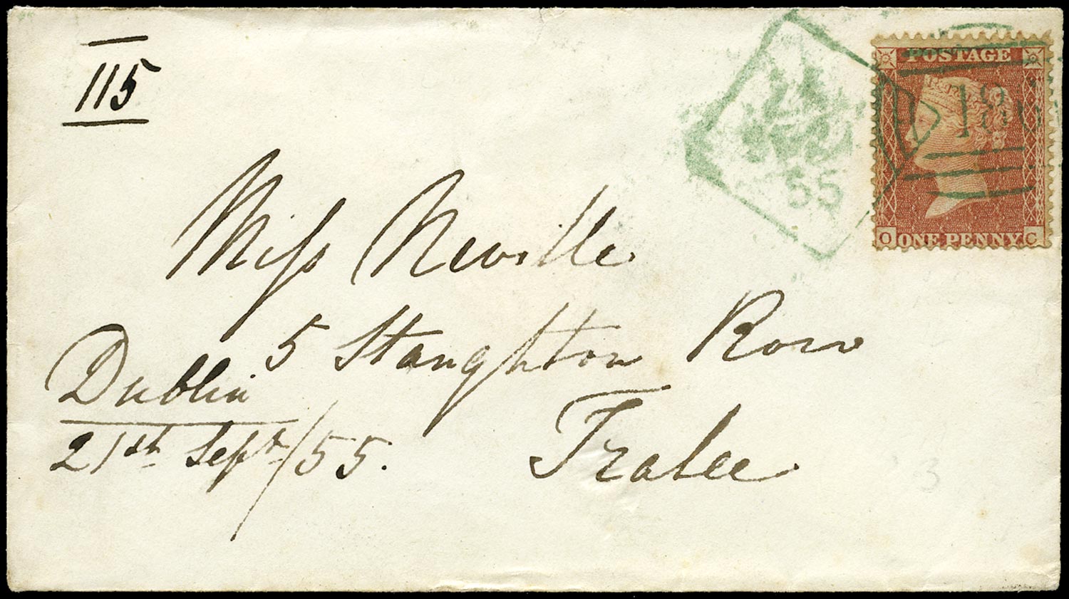 GB 1855  SG29var Pl.2 Cover - green Dublin spoon