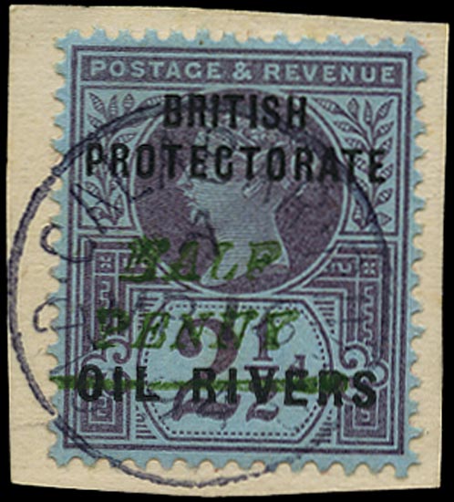 NIGER COAST 1893  SG35 Used QV &frac12;d on 2&frac12;d purple and blue paper with type 10 surcharge in green