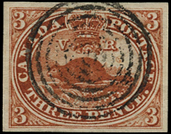 CANADA 1852  SG8 Used 3d brown-red 'Beaver' on handmade wove
