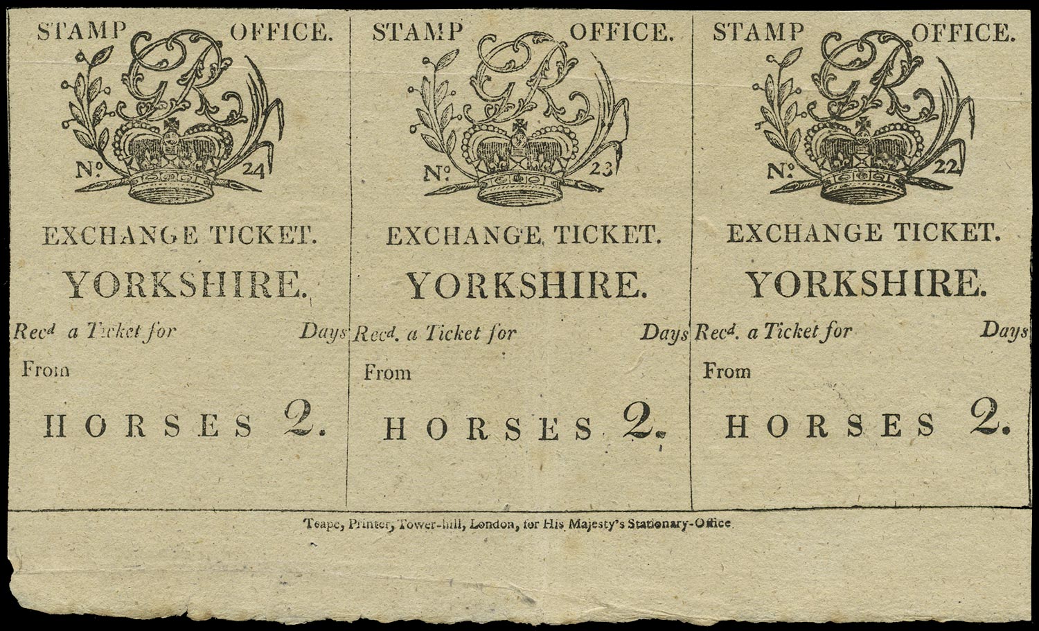 GB c.1785 Revenue Post horse duty Yorkshire IMPRINT STRIP