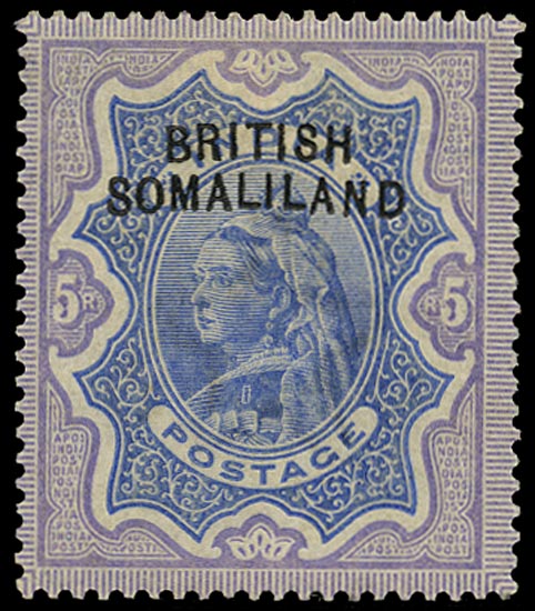 SOMALILAND PROTECT 1903  SG13a Mint QV 5r ultramarine and violet variety Curved overprint