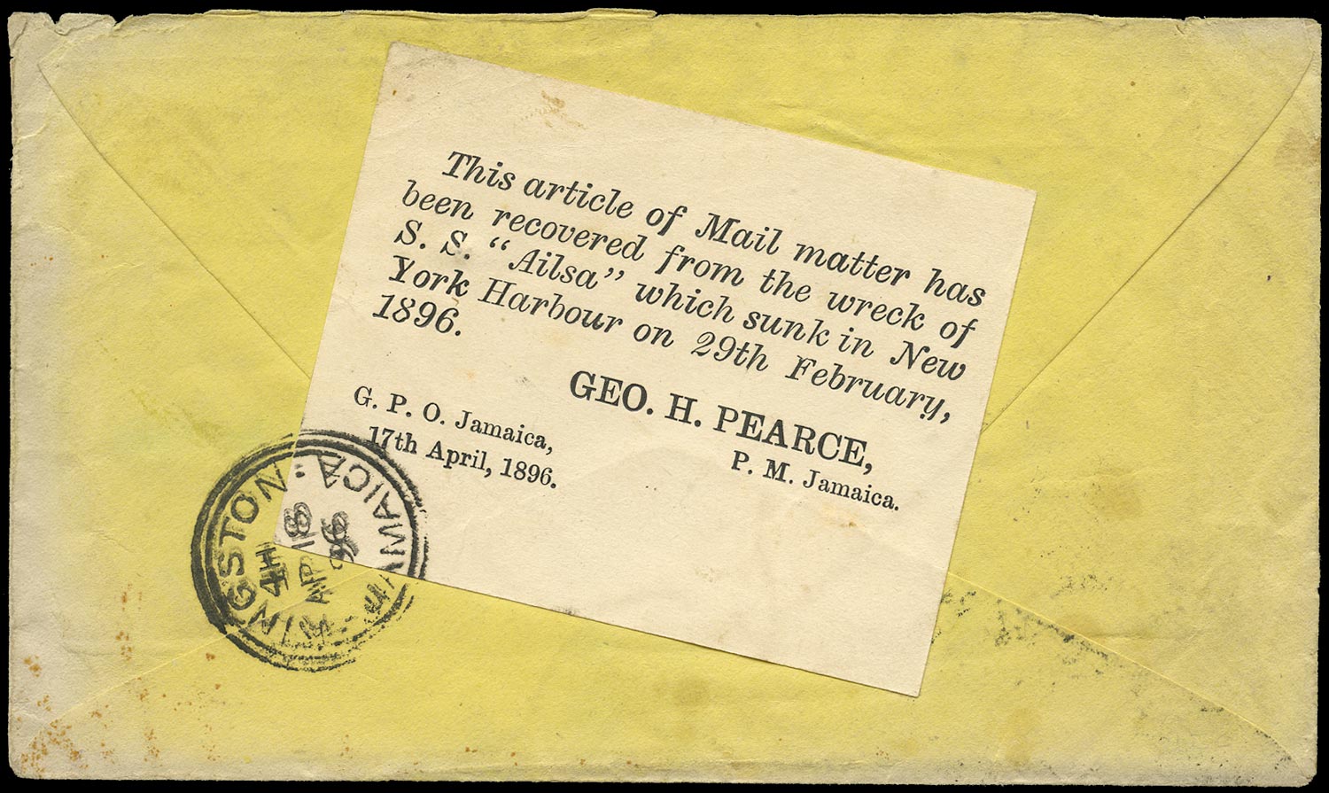 JAMAICA 1896 Cover from New York to Kingston recovered from the wreck of the 'Ailsa'