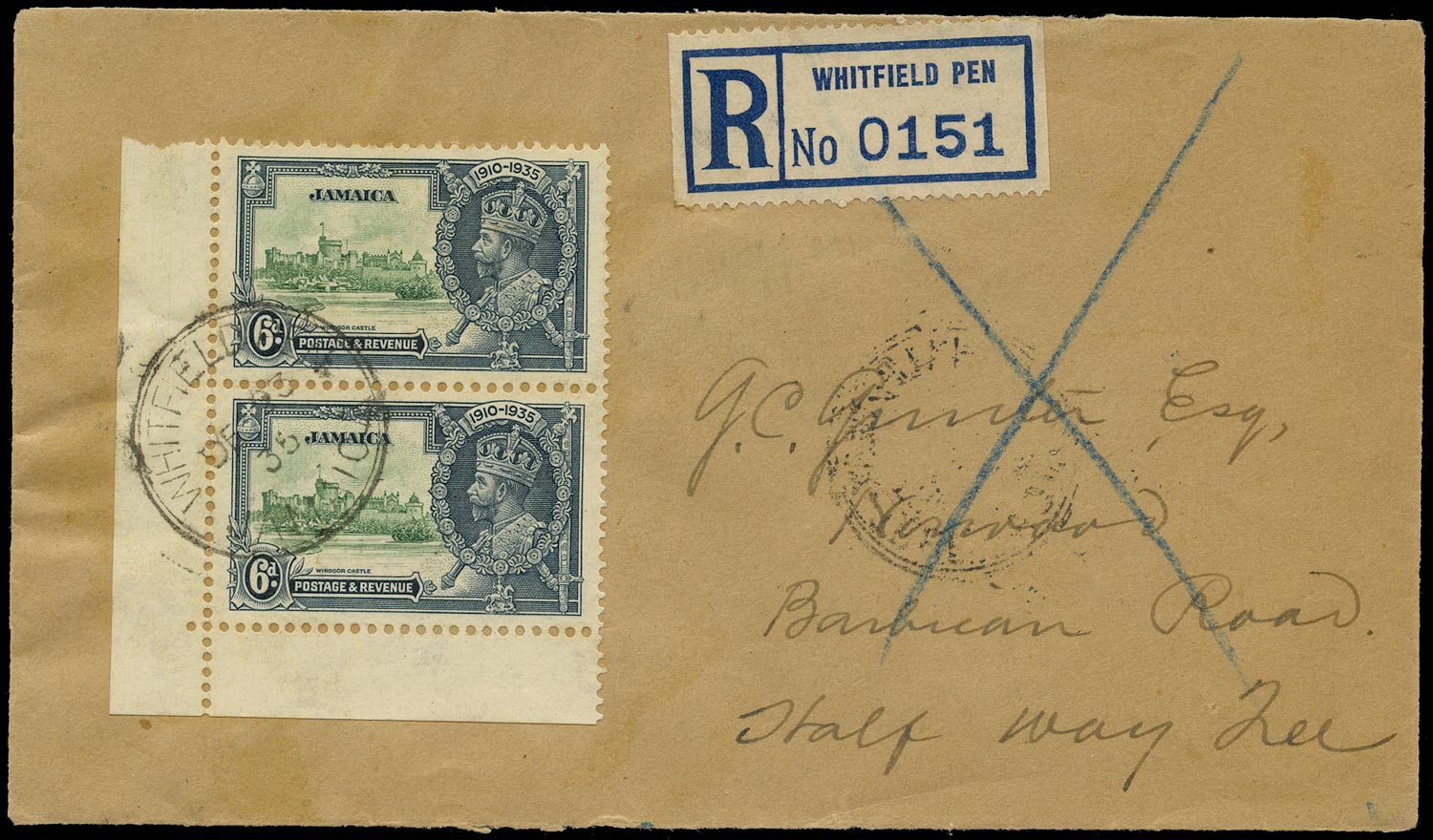 JAMAICA 1935  SG116a Used Silver Jubilee 6d variety Extra flagstaff