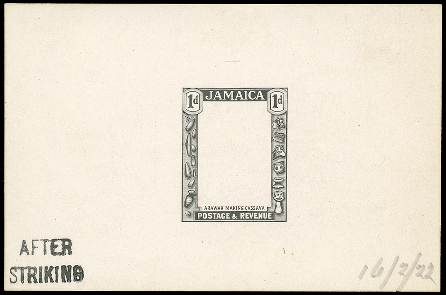 JAMAICA 1922  SG95 Proof of the frame for the 1921-29 1d stamped AFTER STRIKING