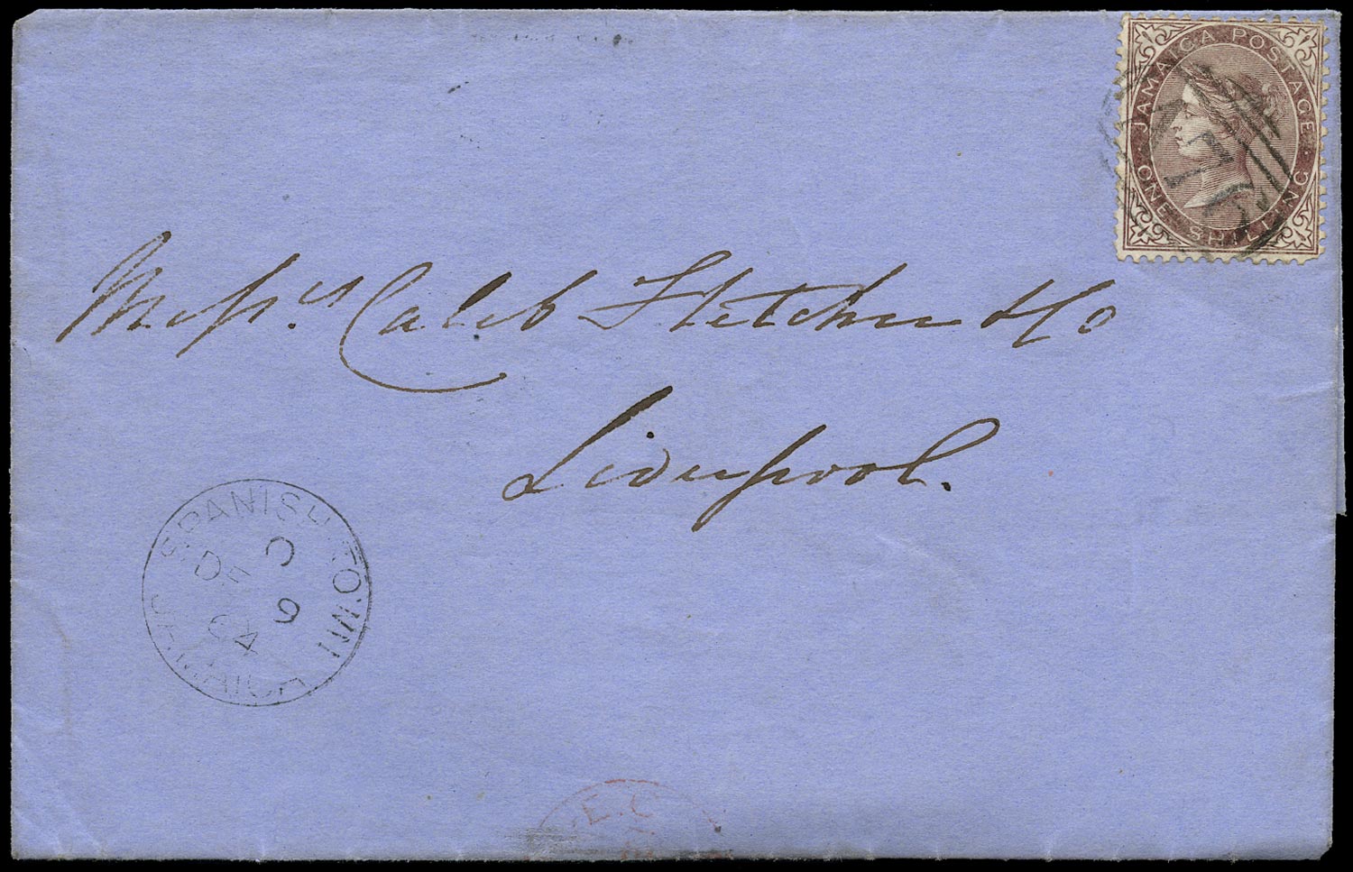 JAMAICA 1864  SG6c Cover from Spanish Town to Liverpool bearing 1s purple-brown with $ variety