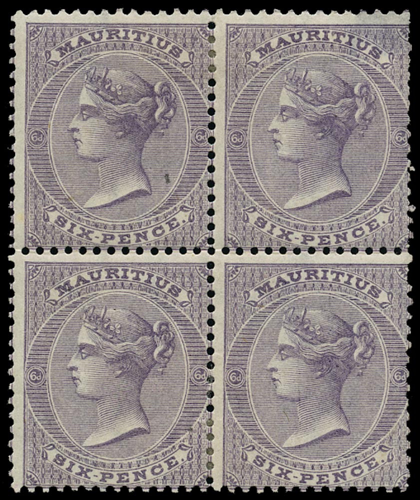 MAURITIUS 1863  SG63 Mint QV 6d dull violet watermark CC block of 4