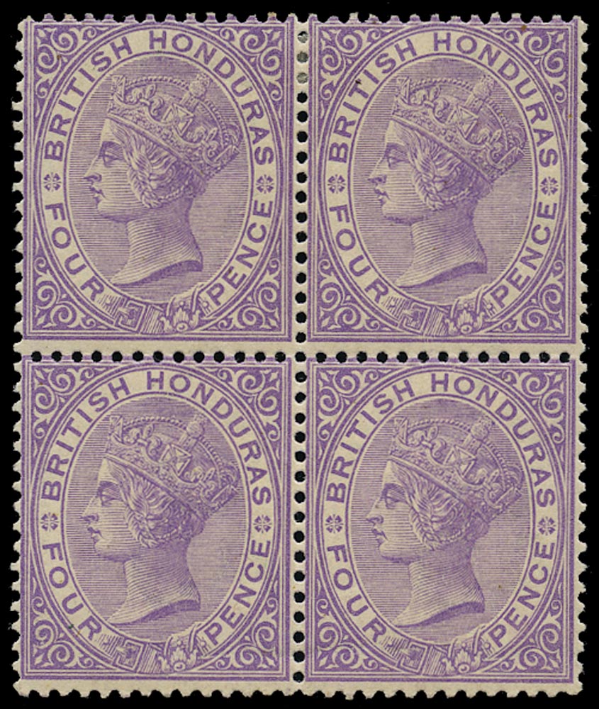 BRITISH HONDURAS 1882  SG20 Mint QV 4d mauve watermark CA block of 4