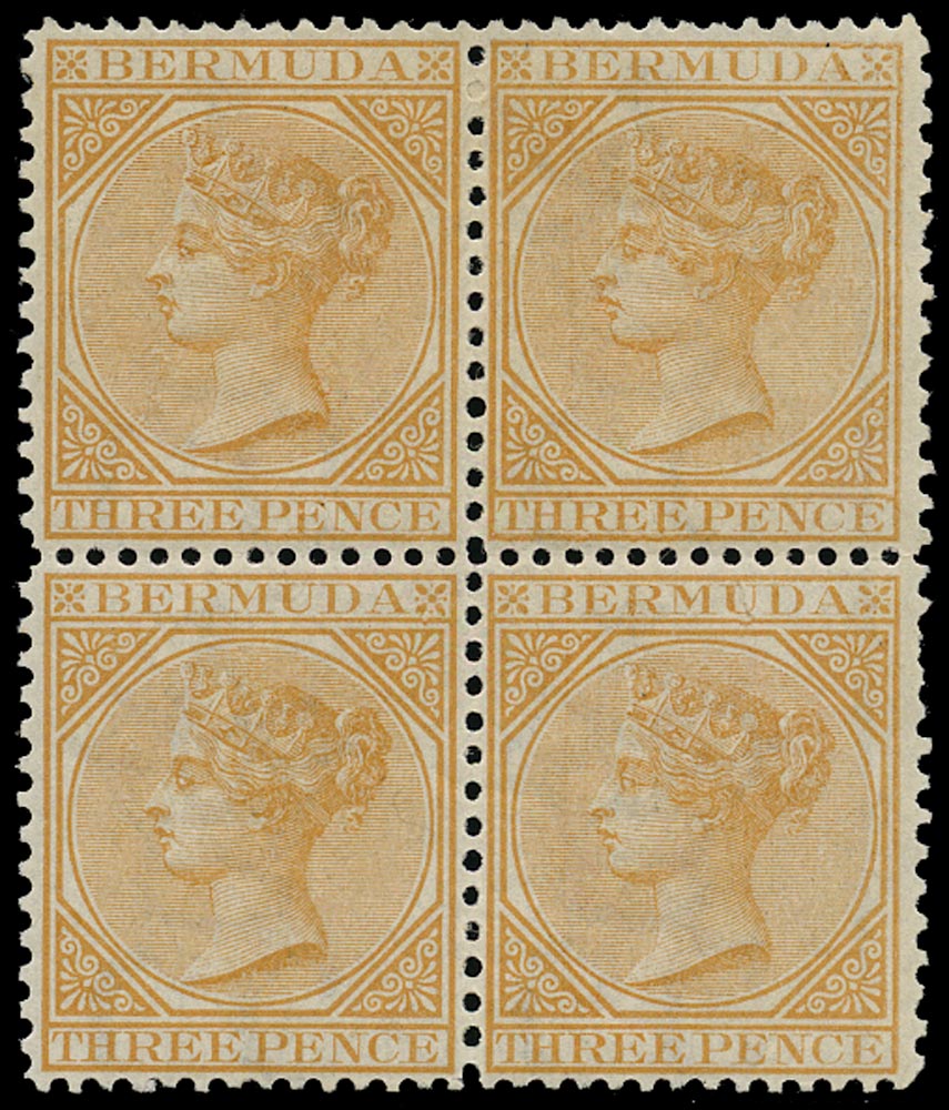 BERMUDA 1865  SG10 Mint QV 3d yellow-buff watermark CA perf 14x12&frac12; block of 4