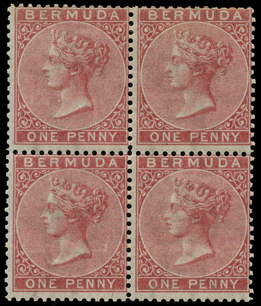 BERMUDA 1865  SG1 Mint QV 1d rose-red watermark CC perf 14 block of 4