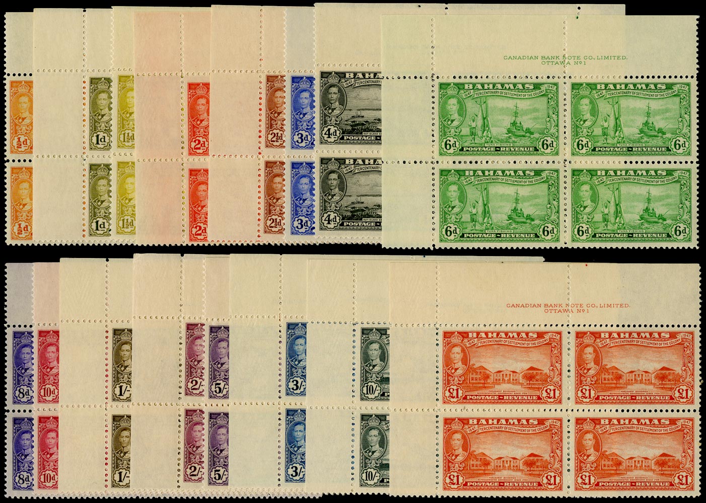 BAHAMAS 1948  SG178/93 Mint unmounted KGVI Eleuthera set of 16 to £1 imprint blocks
