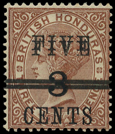 BRITISH HONDURAS 1891  SG49b Mint 5c on 3c on 3d red-brown error FIVE and bar double