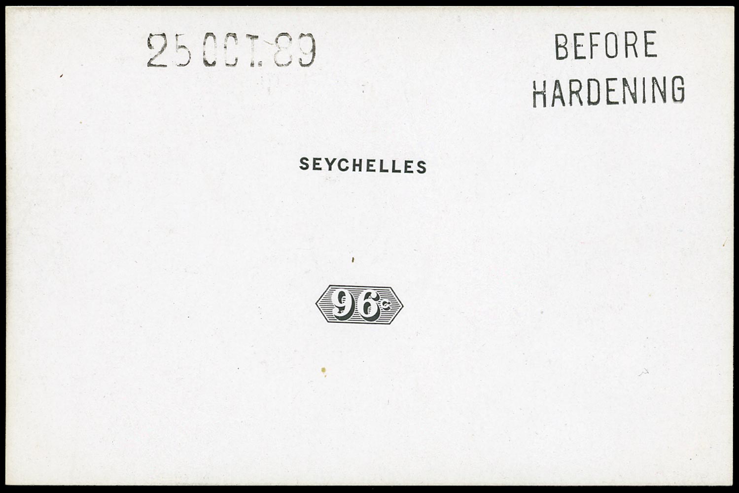 SEYCHELLES 1889  SG8 Proof of 96c duty in black on glazed card Before Hardening