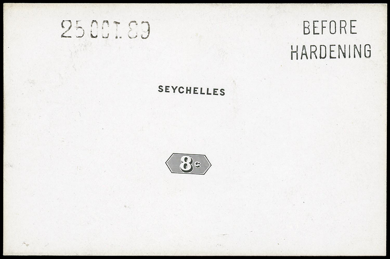 SEYCHELLES 1889  SG3 Proof of 8c duty in black on glazed card Before Hardening