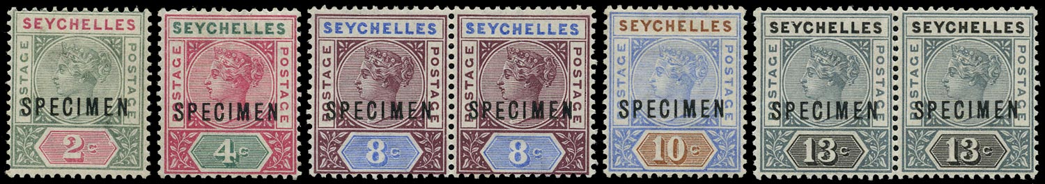 SEYCHELLES 1892  SG9/13 Specimen QV die II set of 5 to 13c