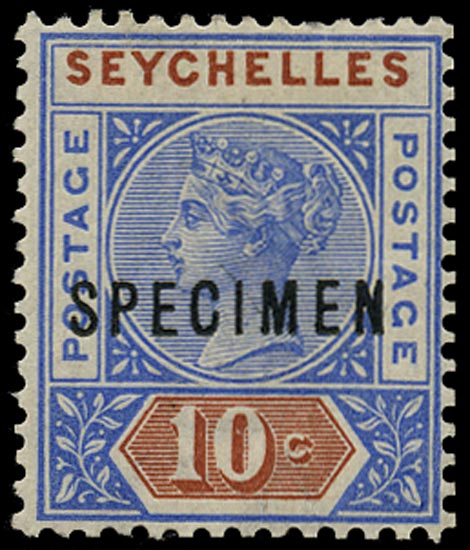 SEYCHELLES 1890  SG4 var Specimen QV die I 10c ultramarine and chestnut