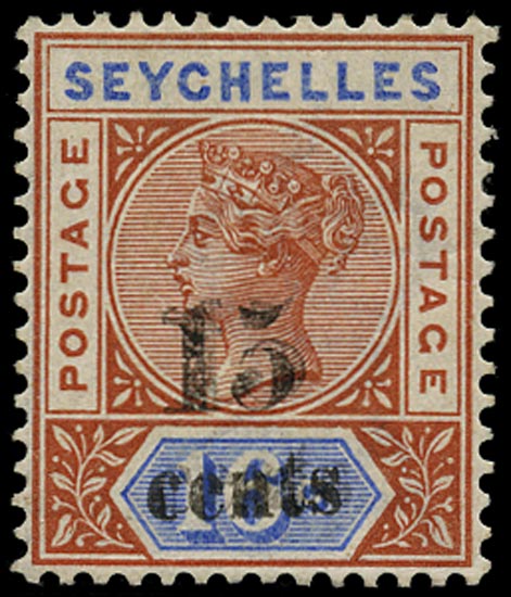 SEYCHELLES 1893  SG19b Mint QV 15c on 16c die II error surcharge double