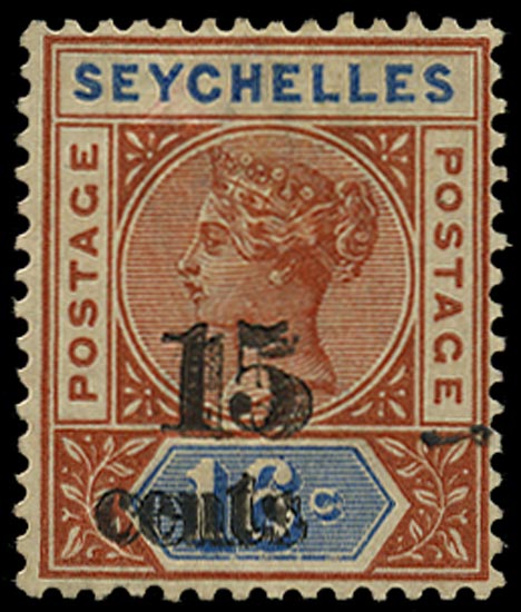 SEYCHELLES 1893  SG18b Mint QV 15c on 16c die I error surcharge double