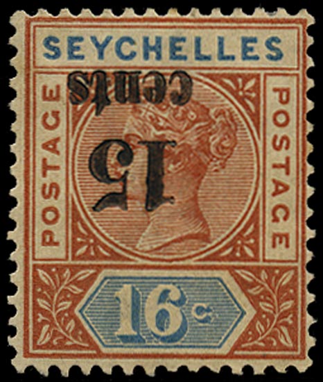 SEYCHELLES 1893  SG18a Mint QV 15c on 16c die I error surcharge inverted