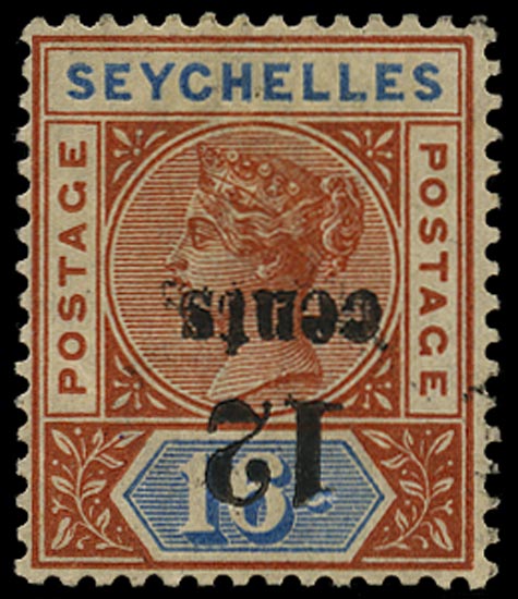 SEYCHELLES 1893  SG16a Mint QV 12c on 16c die I error surcharge inverted