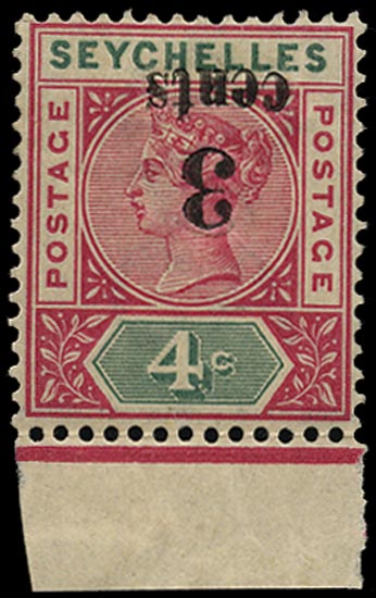 SEYCHELLES 1893  SG15a Mint QV 3c on 4c die II error surcharge inverted