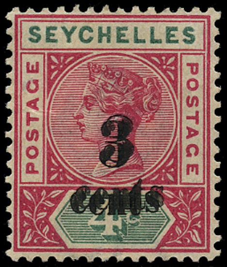 SEYCHELLES 1893  SG15b Mint QV 3c on 4c die II error surcharge double