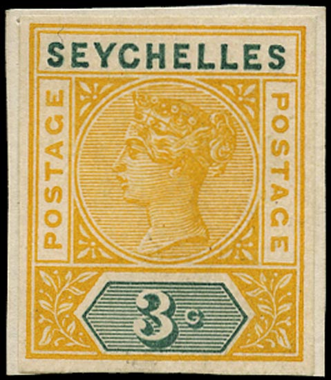 SEYCHELLES 1899  SG22 Proof 3c colour trial in yellow and green
