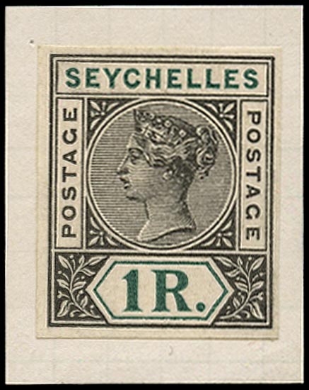 SEYCHELLES 1899  SG34 Proof 1r colour trial in grey-black and blue-green