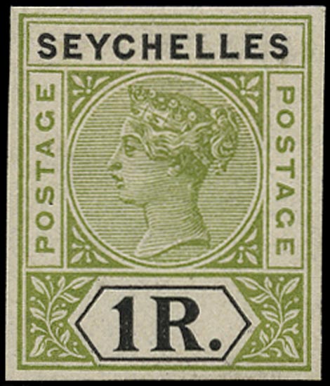 SEYCHELLES 1899  SG34 Proof 1r colour trial in sage-green and black