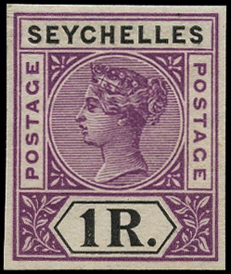 SEYCHELLES 1899  SG34 Proof 1r colour trial in bright mauve and black