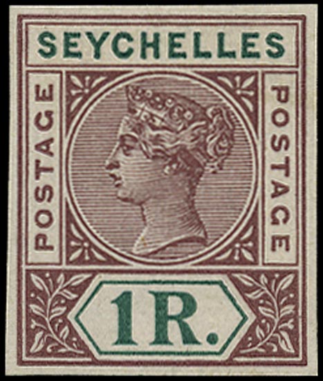 SEYCHELLES 1899  SG34 Proof 1r colour trial in maroon and green