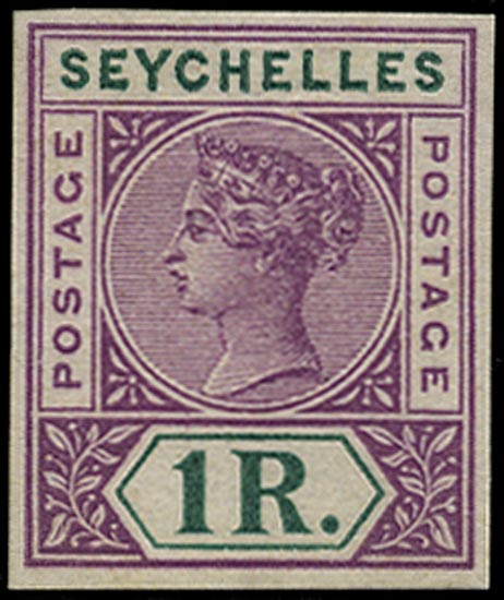 SEYCHELLES 1899  SG34 Proof 1r colour trial in bright mauve and green