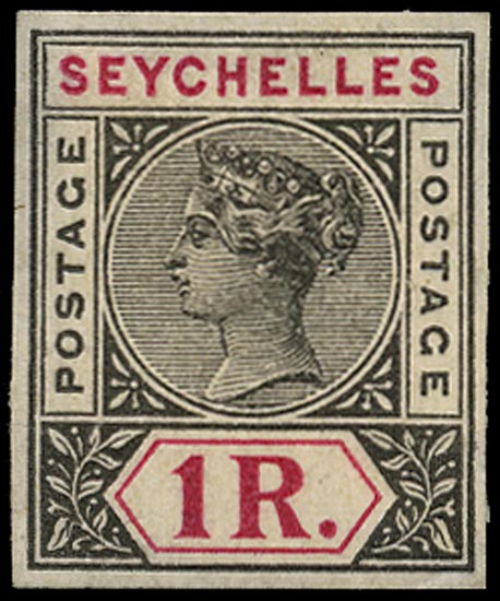SEYCHELLES 1899  SG34 Proof 1r colour trial in black and carmine