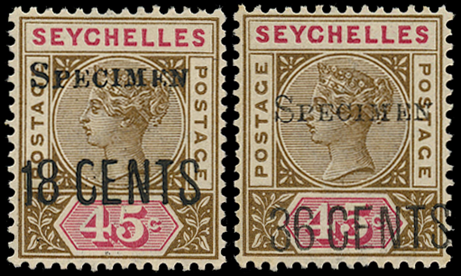 SEYCHELLES 1896  SG26s/27s Specimen QV 18c and 36c on 45c local surcharges