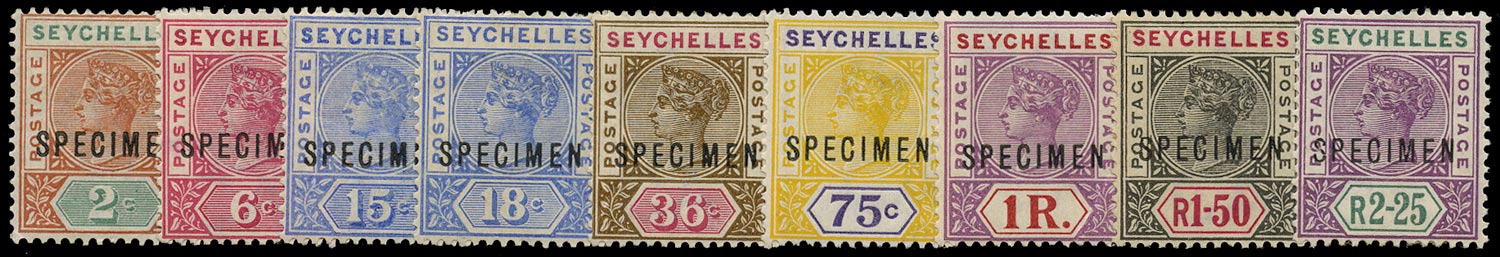 SEYCHELLES 1897  SG28s/36s Specimen QV set of 9 to 2r25