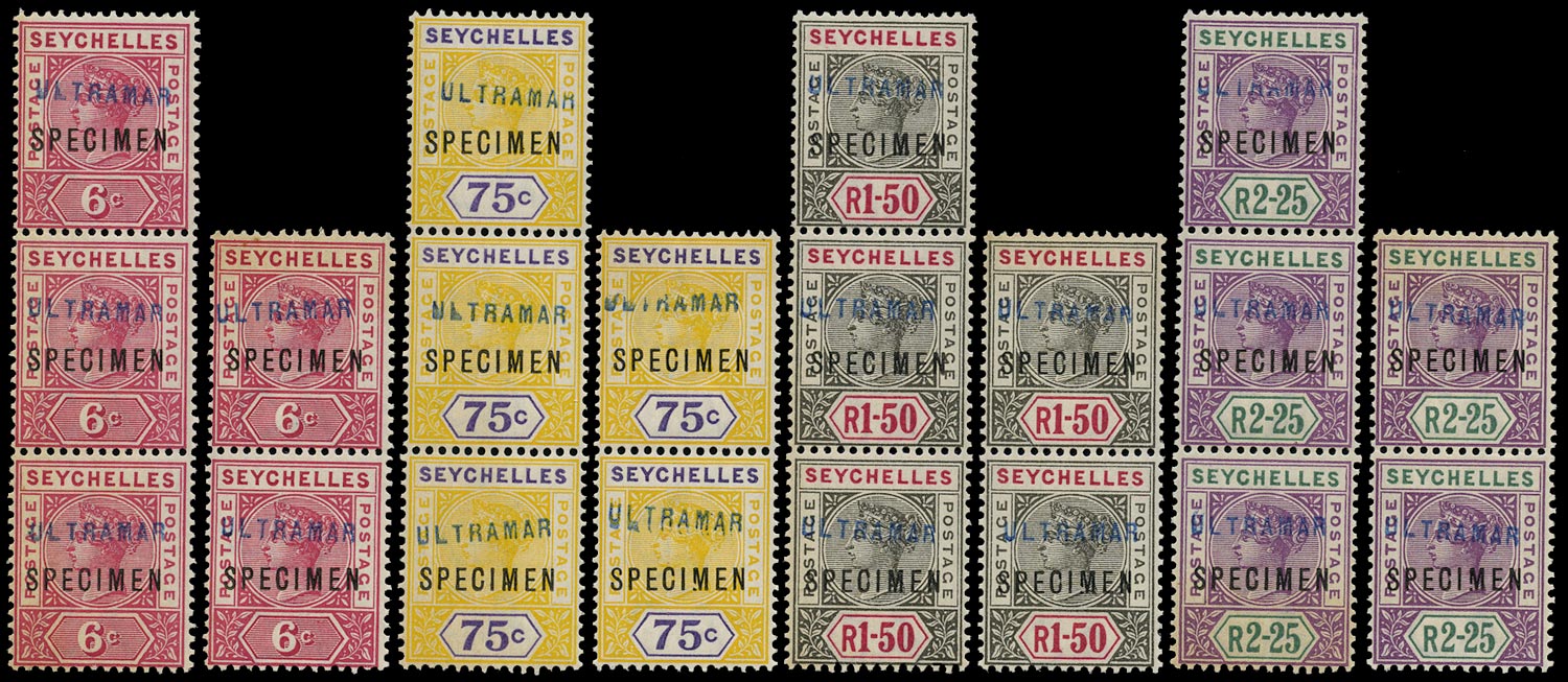 SEYCHELLES 1897  SG29s, 33/6s Specimen QV 6c, 75c, 1r50, 2r25 with Ultramar handstamp