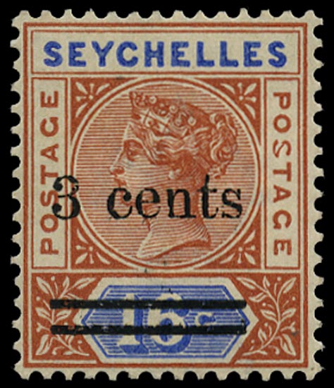 SEYCHELLES 1901  SG38d Mint 3c on 16c variety Malformed S