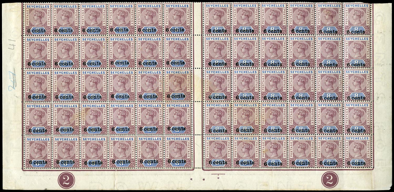 SEYCHELLES 1901  SG40 Mint 6c on 8c brown-purple and ultramarine interpane block of 60