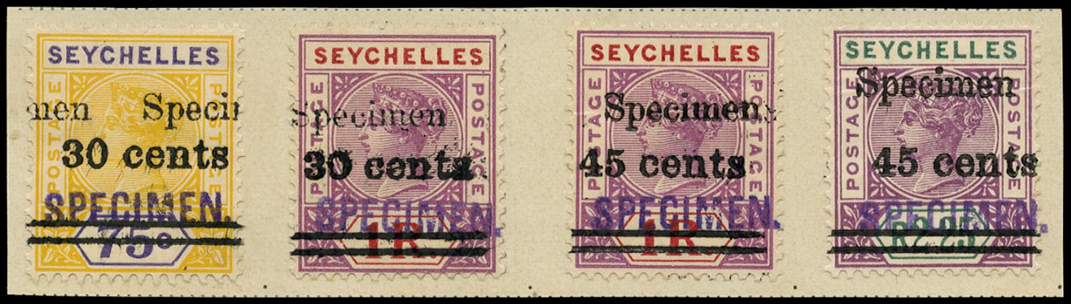 SEYCHELLES 1902  SG42s/45s Specimen QV 30c and 45c surcharges ex Natal post office archive