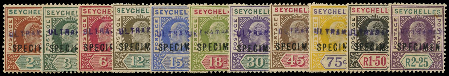 SEYCHELLES 1903  SG46s/56s var Specimen KEVII set of 11 to 2r25 watermark Crown CA with ULTRAMAR handstamp