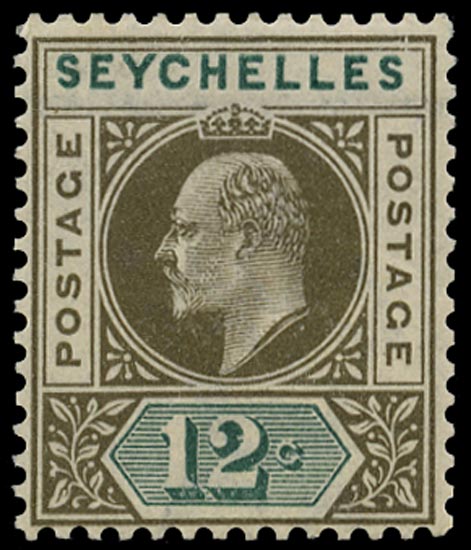 SEYCHELLES 1903  SG49 var Mint KEVII 12c watermark CA variety Slotted frame