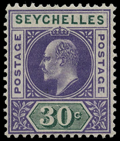 SEYCHELLES 1903  SG52 var Mint KEVII 30c watermark CA variety Slotted frame