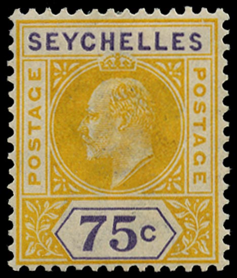 SEYCHELLES 1903  SG54 var Mint KEVII 75c watermark CA variety Slotted frame