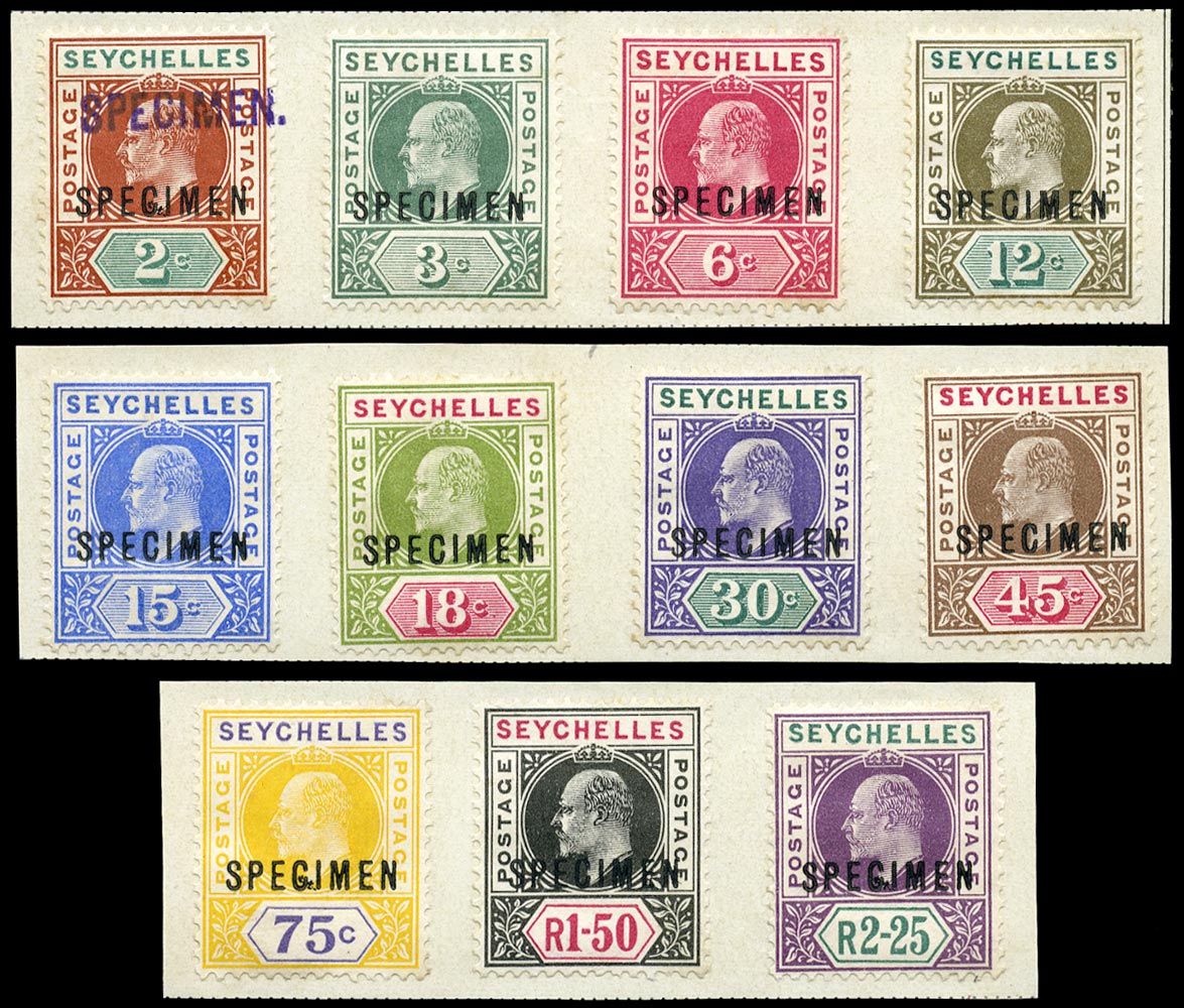 SEYCHELLES 1903  SG46s/56s Specimen KEVII set of 11 to 2r25 ex the Natal Post office archive