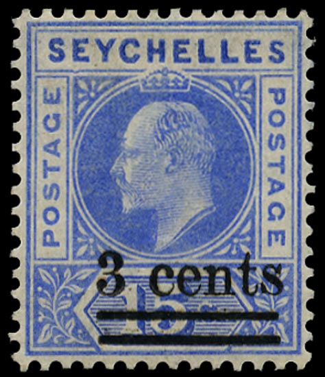 SEYCHELLES 1903  SG57a Mint KEVII 3c on 15c ultramarine variety Dented frame